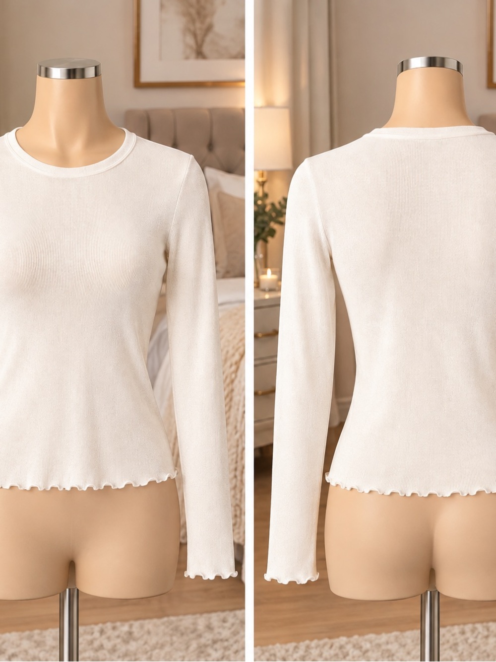 SHEIN Cream Ribbed Lettuce-Edge Long Sleeve Tee